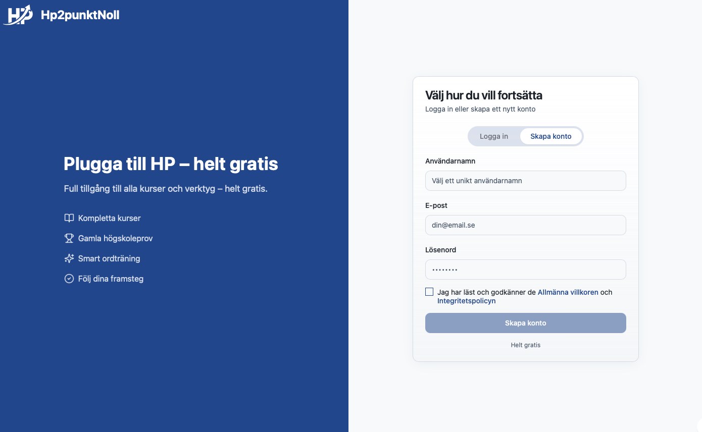Registreringsvyn på Hp2punktNoll där man skapar ett gratis konto