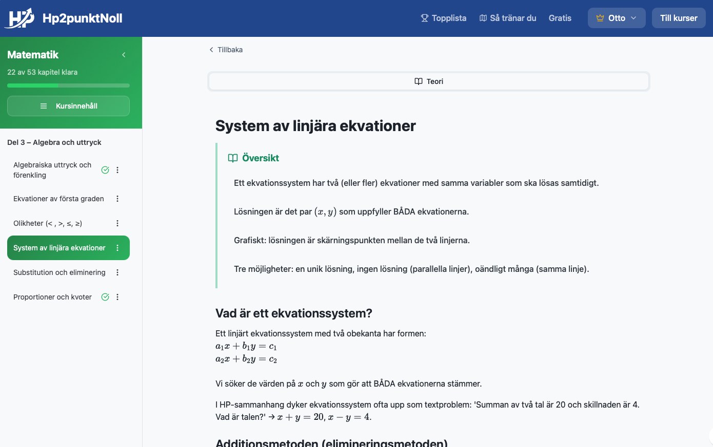 Matematikkursens översikt med kapitel och framsteg