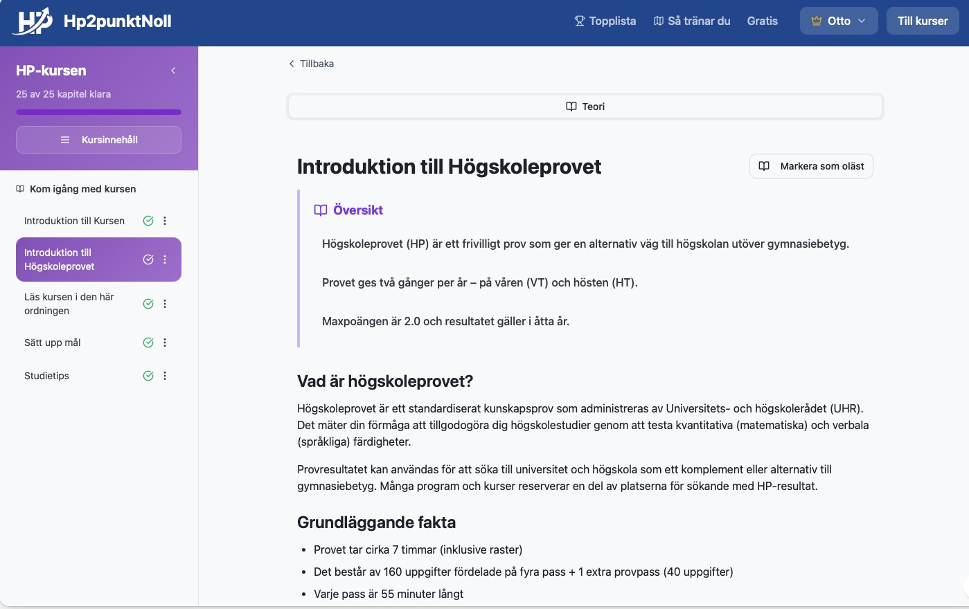 HP-kursens landningssida med avsnitt om provets uppbyggnad